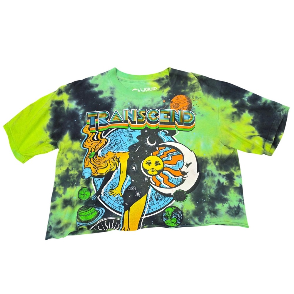 Liquid Blue Crop Top Women's Size S Neon Green Black Tie Dye Transcend Graphic